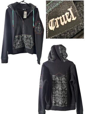 Cruel Denim Medium NWT Black Aztec Southwestern Embroidered Zip Up Hoodie BOHO